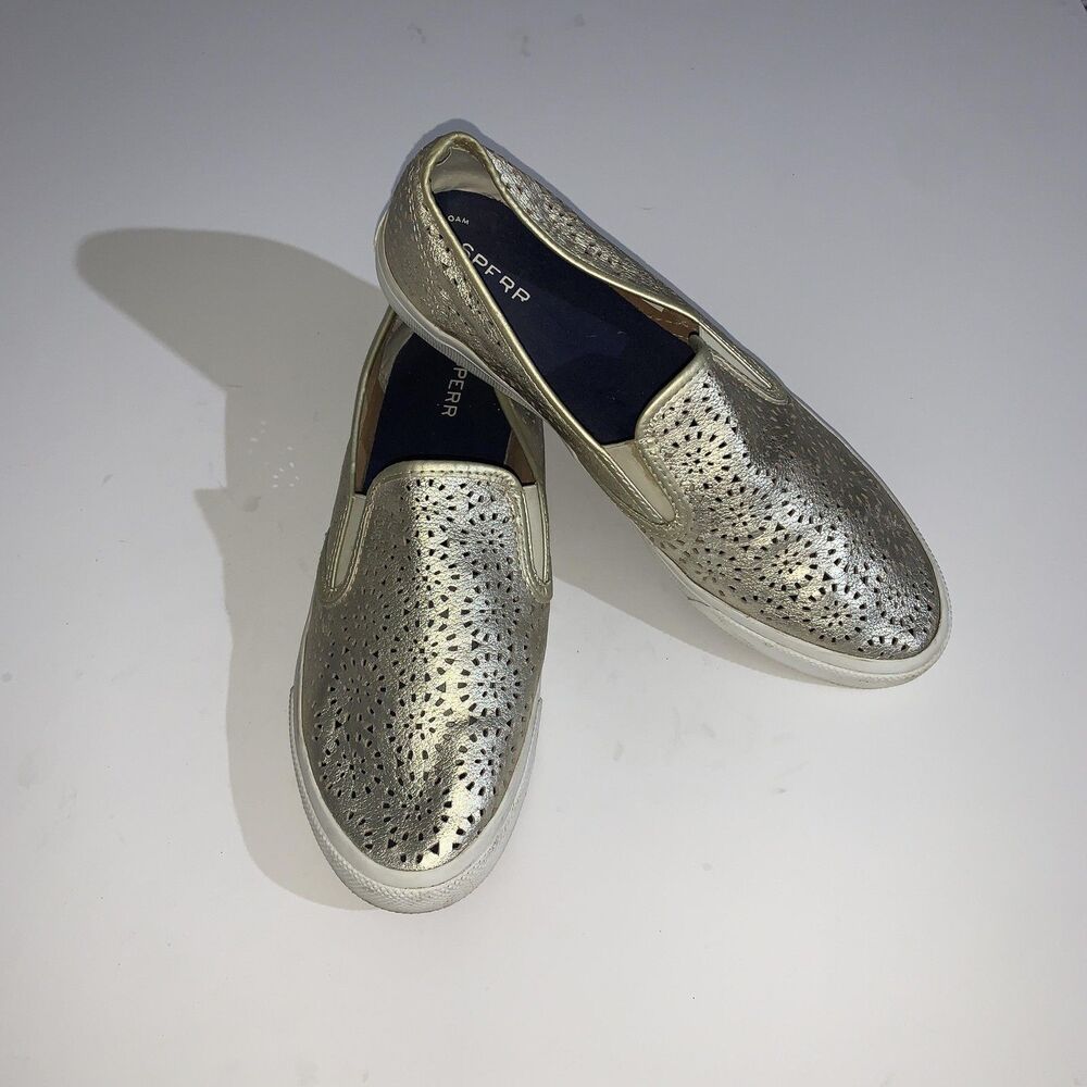 Sperry Shoes Womens Size 12 Gold Perforated Slip On Casual Sneakers STS83503